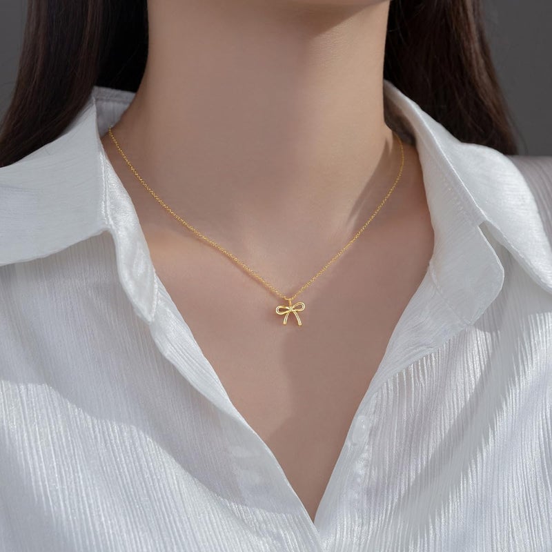 SLUYNZ Solid 925 Sterling Silver Bow Choker Necklace for Women Teen Girls Simple Bowknot Pendant Necklace (B-Gold Plated) - Image 3