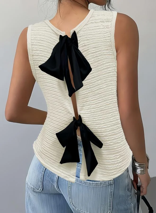 تايك تو Cream Bow-Tie Detail Textured Top