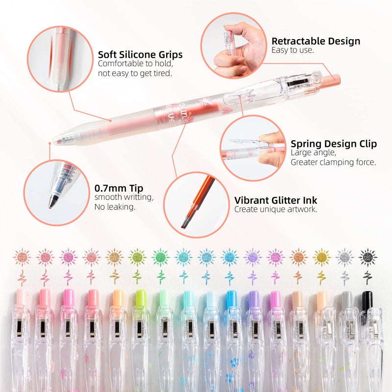 HANKU Glitter Gel Pens, 16 Colors Metallic Glitter Pens for Adult Coloring Books, Drawing, DIY Crafts - Retractable Sparkle Gel Ink Markers, Journaling & Scrapbooking Supplies - Image 2
