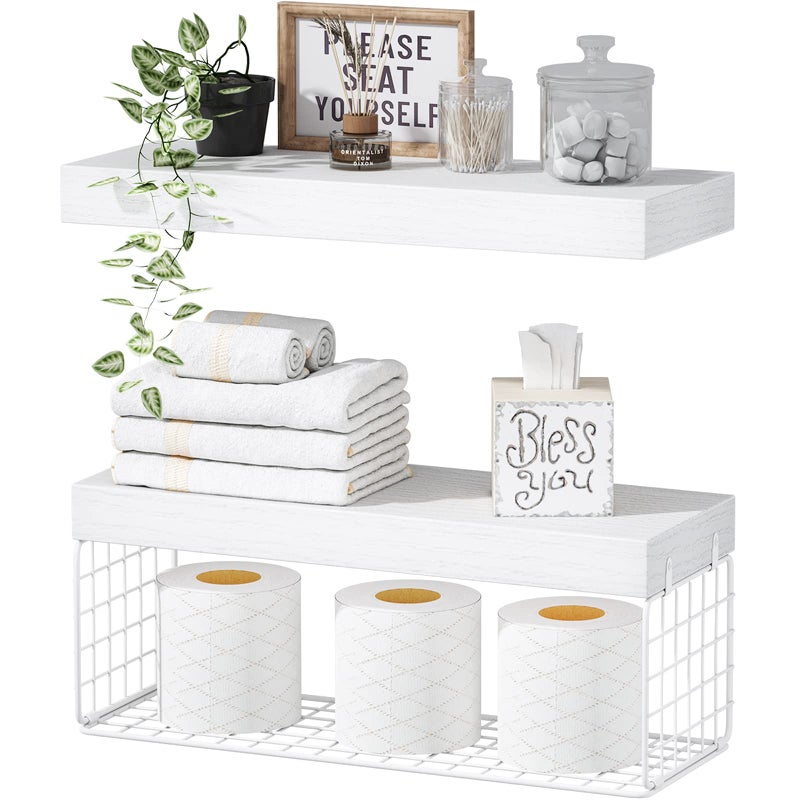 QEEIG White Bathroom Shelves Over Toilet Wall Mounted Floating Shelves Farmhouse Shelf Toilet Paper Storage Small 16 inch Set of 2 019W2