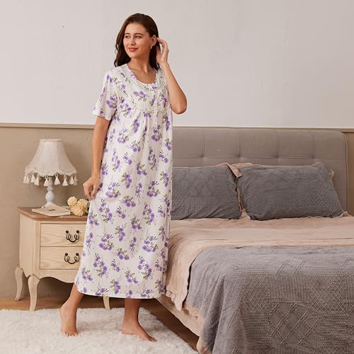 Keyocean Nightgowns for Women, Soft Cotton Comfy Lightweight Short Sleeves Ladies Nightdress,Violet Bloom,X-Large - Image 4