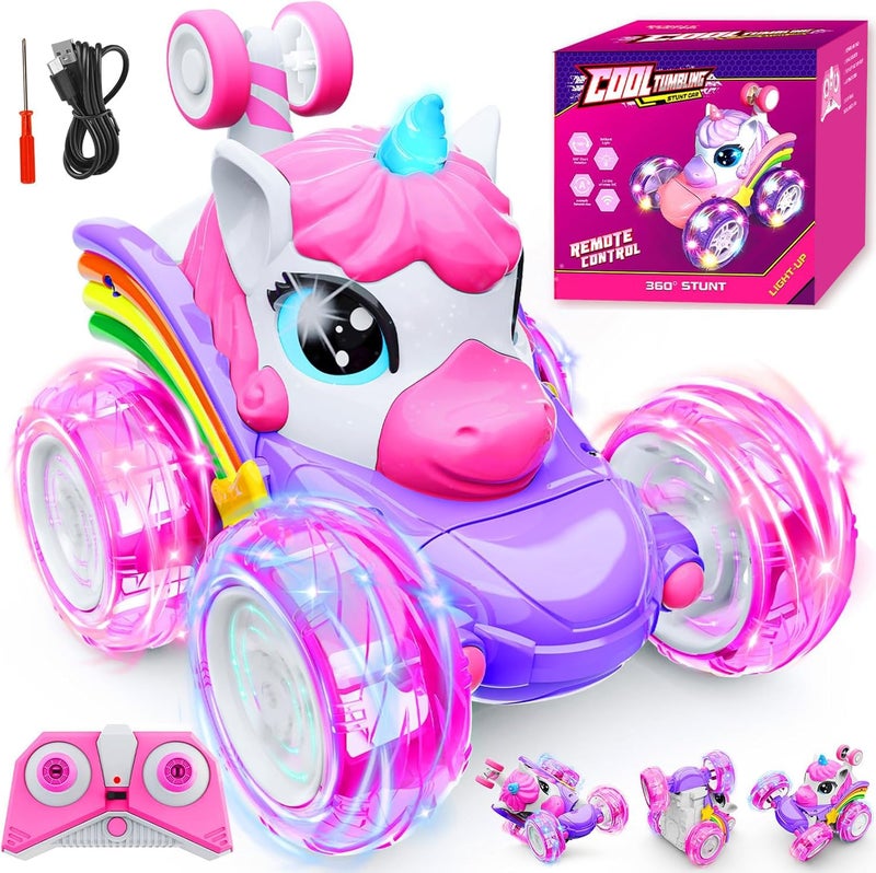 Motivekit Unicorn Remote Control Car Toys for Girl - 360Â° Rotating Pink RC Stunt Cars 4WD Remote Cars for Kids, 2.4GHz Toy Car with LED Lights, Birthday Gift for 3 4 5 6 7 8 9 Year Old Girl - Image 1