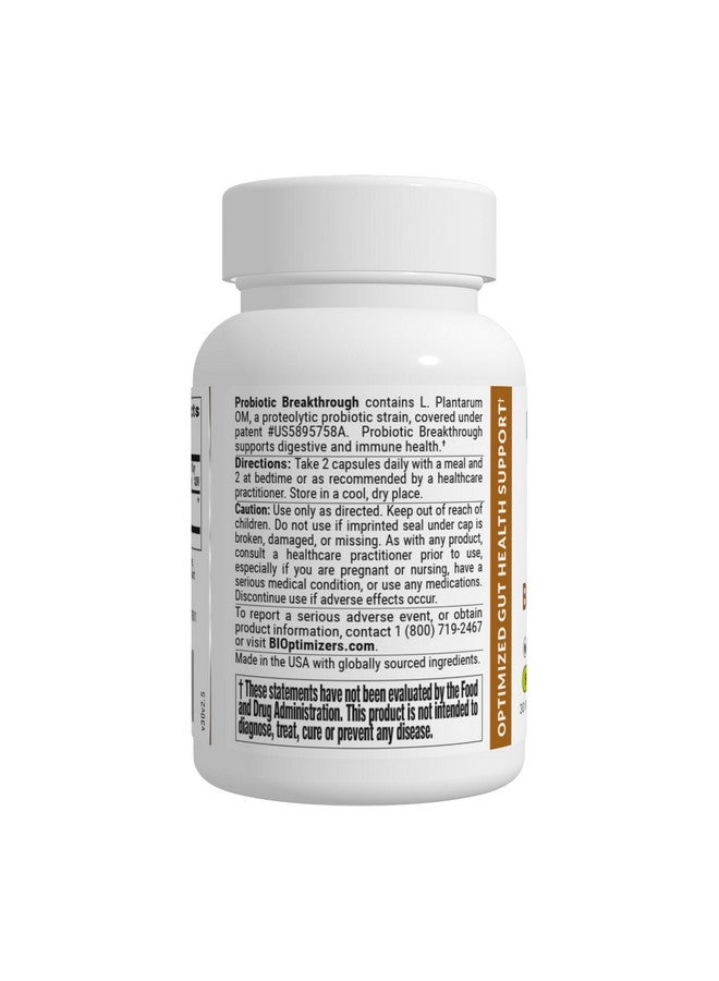 بيو أوبتيمايزيرز BIOptimizers Probiotic Breakthrough، مكمل غذائي من البروبيوتيك والبريبيوتيك المُحلل للبروتين - Lactobacillus Plantarum OM لدعم المناعة والانتفاخ وتخفيف مشاكل الأمعاء، 60 كبسولة نباتية - Image 1