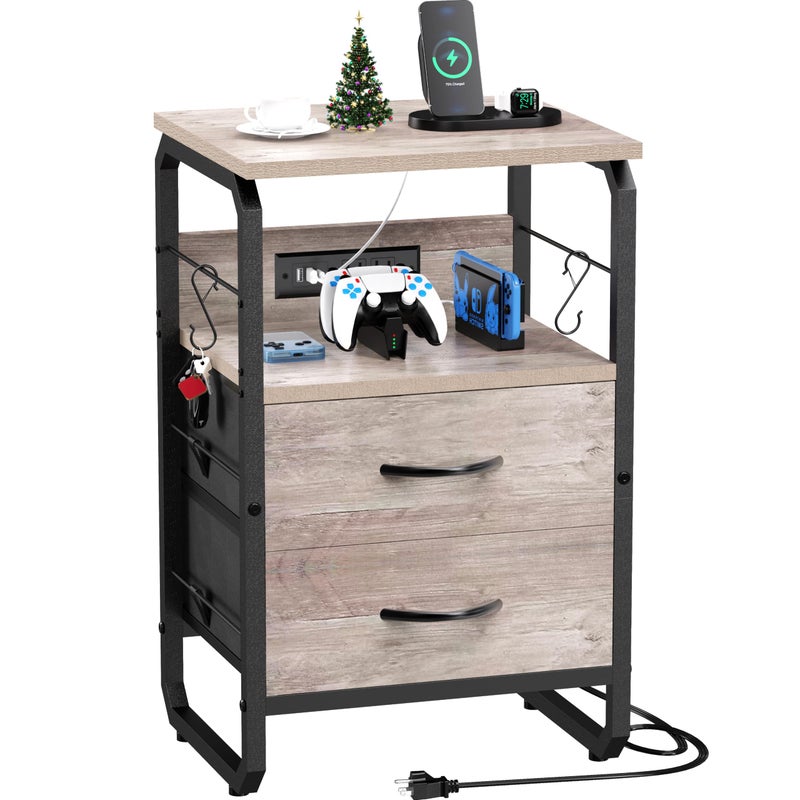 runjuly Nightstand with Drawers, Storage Night Stand with Charging Station Type C Port, Small Side Table with Hooks, Wood Metal End Table for Living Room, Bedroom, Dorm, Greige - Image 1
