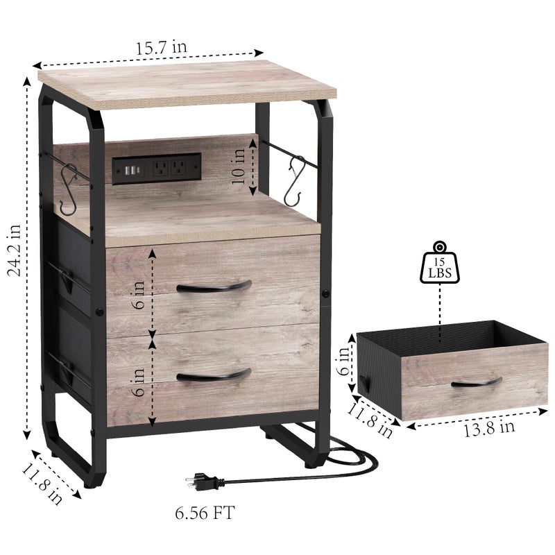 runjuly Nightstand with Drawers, Storage Night Stand with Charging Station Type C Port, Small Side Table with Hooks, Wood Metal End Table for Living Room, Bedroom, Dorm, Greige - Image 3