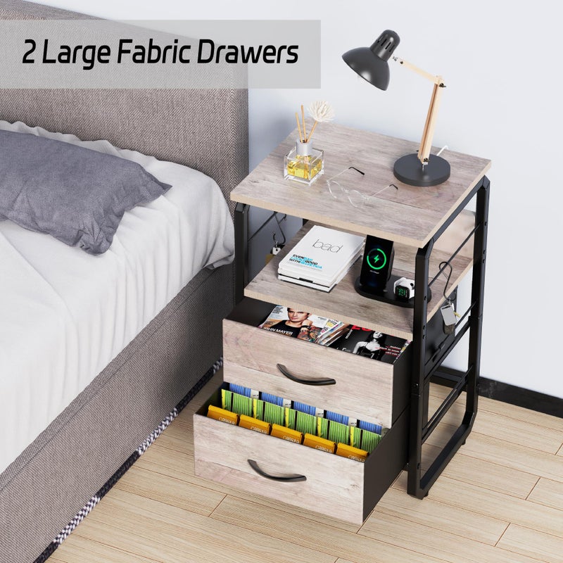 runjuly Nightstand with Drawers, Storage Night Stand with Charging Station Type C Port, Small Side Table with Hooks, Wood Metal End Table for Living Room, Bedroom, Dorm, Greige - Image 4