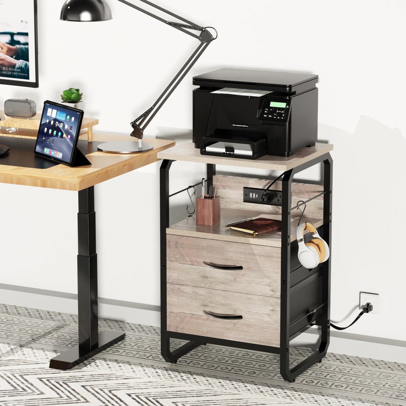runjuly Nightstand with Drawers, Storage Night Stand with Charging Station Type C Port, Small Side Table with Hooks, Wood Metal End Table for Living Room, Bedroom, Dorm, Greige - Image 5