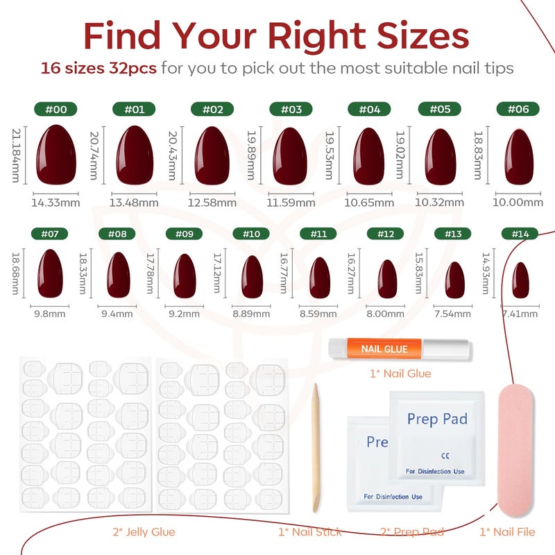 Modelones Dark Red Press on Nails Almond, Short Almond Fake Nails, Reusable Nail Kit with Nail Glue Adhesive Tabs Mini Nail File, Nails Press Ons 32Pcs16 Sizes, Women Girl Gift - Image 4