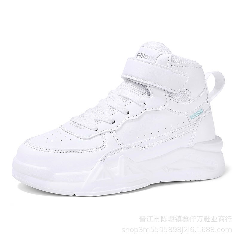 Cross-border high-top board shoes lightweight soft-soled school parent-child shoes for boys and girls casual board shoes leather top sneaker White [velcro]