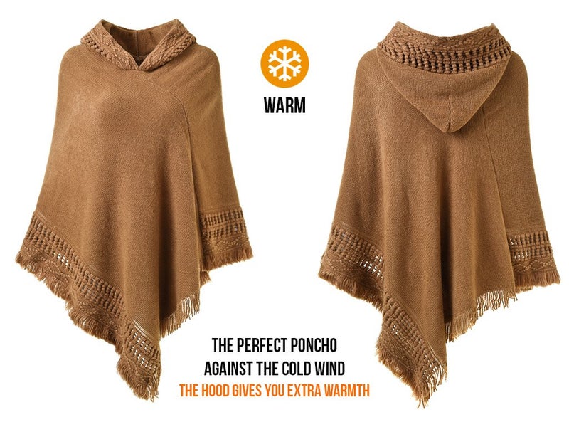 Ferand Ladies' Hooded Cape with Fringed Hem, Crochet Poncho Knitting Patterns for Women, Camel - Image 3