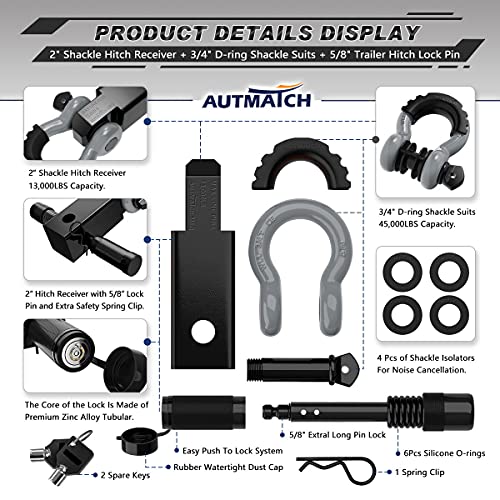 AUTMATCH Shackle Hitch Receiver 2 Inch - 3/4" D Ring Shackle and 5/8" Trailer Hitch Lock Pin, 45,000 Lbs Break Strength Heavy Duty Receiver Towing Kit for Off-Road Vehicle Recovery, Black & Gray - Image 2