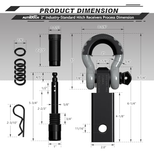 AUTMATCH Shackle Hitch Receiver 2 Inch - 3/4" D Ring Shackle and 5/8" Trailer Hitch Lock Pin, 45,000 Lbs Break Strength Heavy Duty Receiver Towing Kit for Off-Road Vehicle Recovery, Black & Gray - Image 3