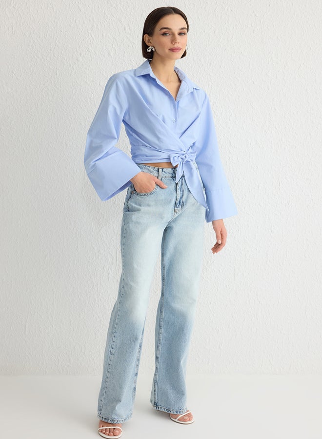 trendyol Light Blue Binding Detailed Regular Regular Pattern Woven Shirt - Image 2