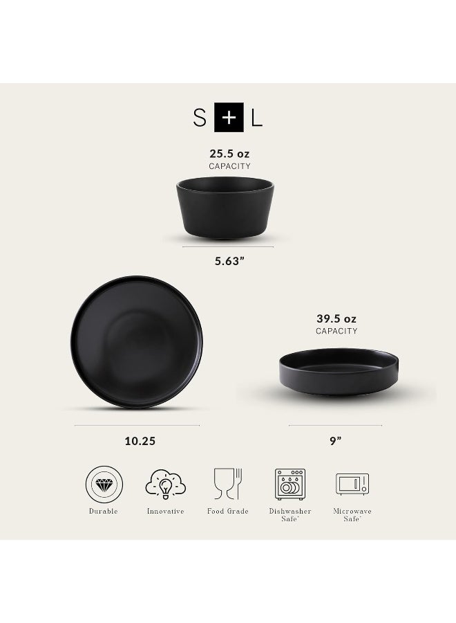 Stone Lain طقم أدوات المائدة من ستون لاين سيلينا 12 قطعة من الخزف، أطباق حساء ومعكرونة، أسود كوبية - Image 2