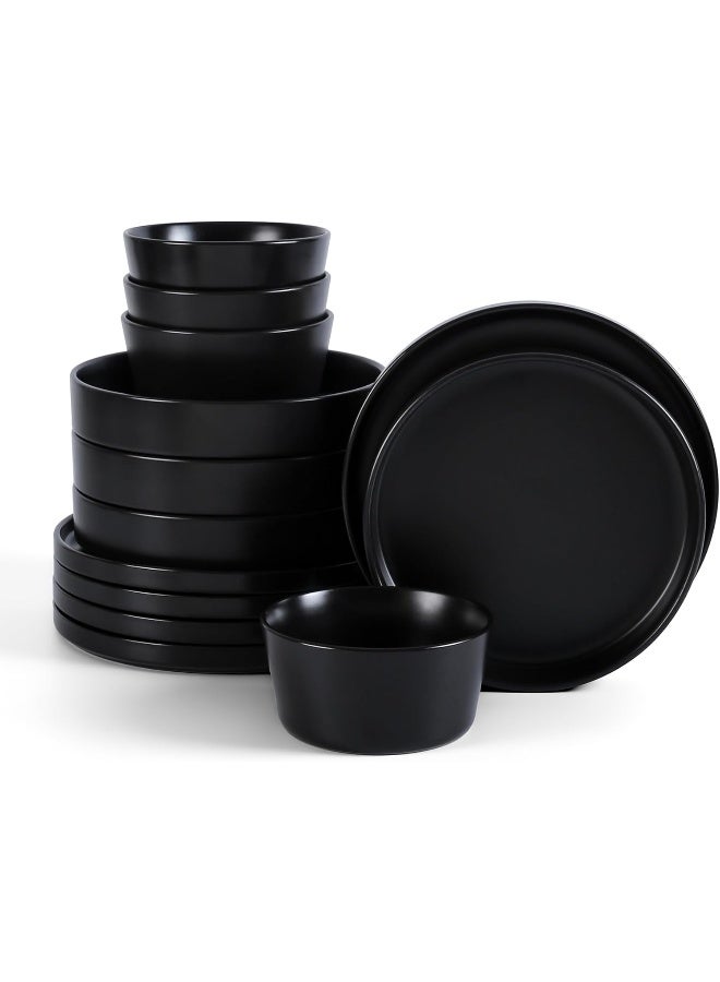 Stone Lain طقم أدوات المائدة من ستون لاين سيلينا 12 قطعة من الخزف، أطباق حساء ومعكرونة، أسود كوبية - Image 1