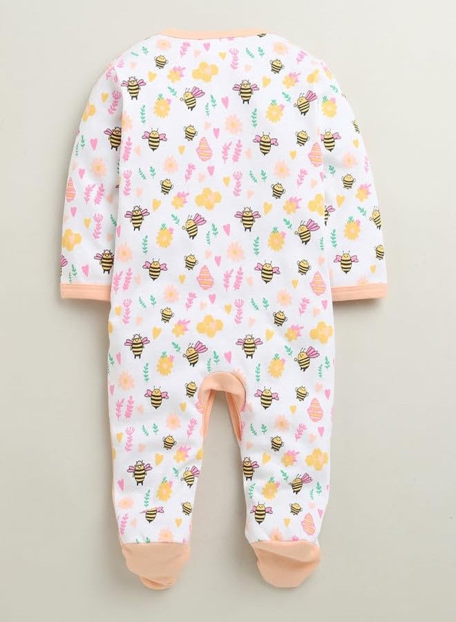 BUMZEE بيجامة نوم قطنية بأكمام طويلة للبنات من بامزي، لون خوخي وأبيض - من 3 إلى 6 أشهر (Peb10919C-pch) - Image 3