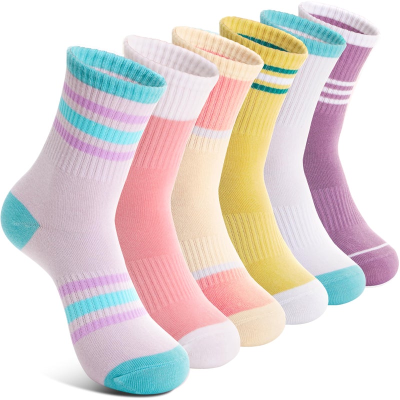 Welwoos Kids Girls Socks Athletic Sport Crew Cotton Breathable Soft Gift Socks 6 Pairs Stocking Stuffers (Light Stripes,5-8 Years) - Image 1