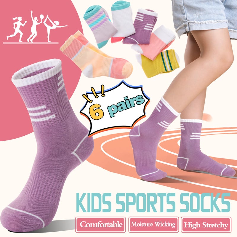 Welwoos Kids Girls Socks Athletic Sport Crew Cotton Breathable Soft Gift Socks 6 Pairs Stocking Stuffers (Light Stripes,5-8 Years) - Image 4