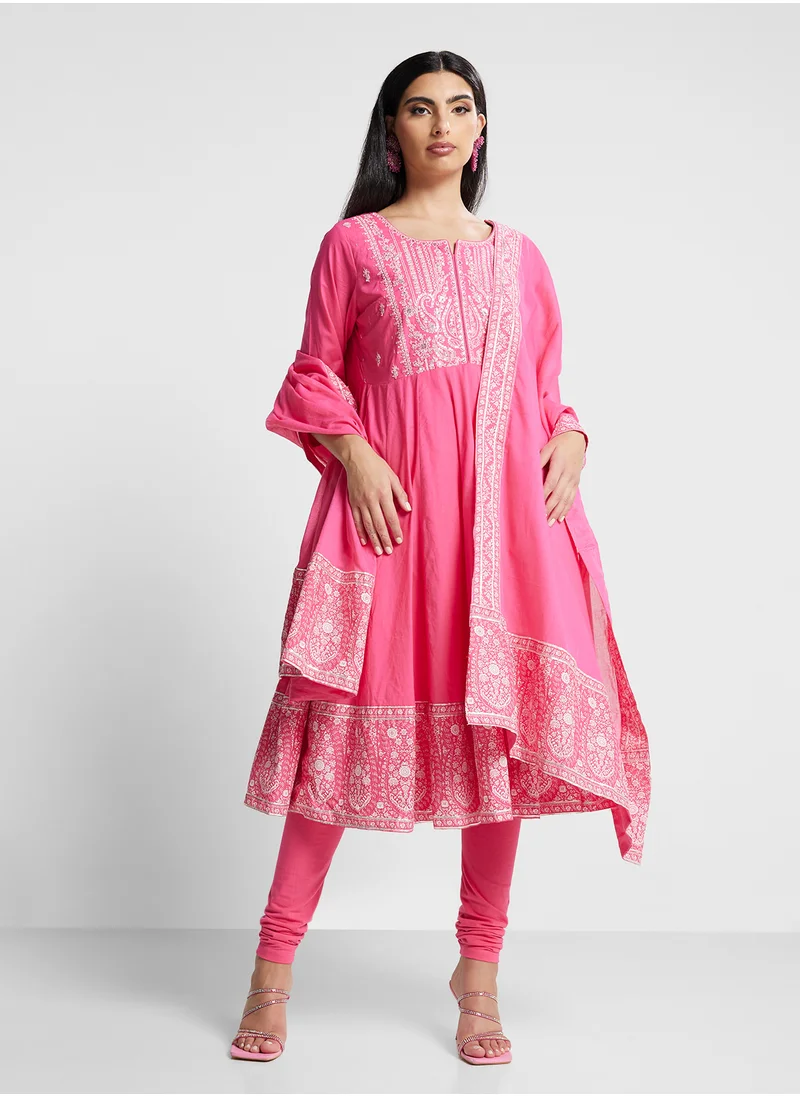 Biba Embroidered Kurta, Churidar & Dupatta Set