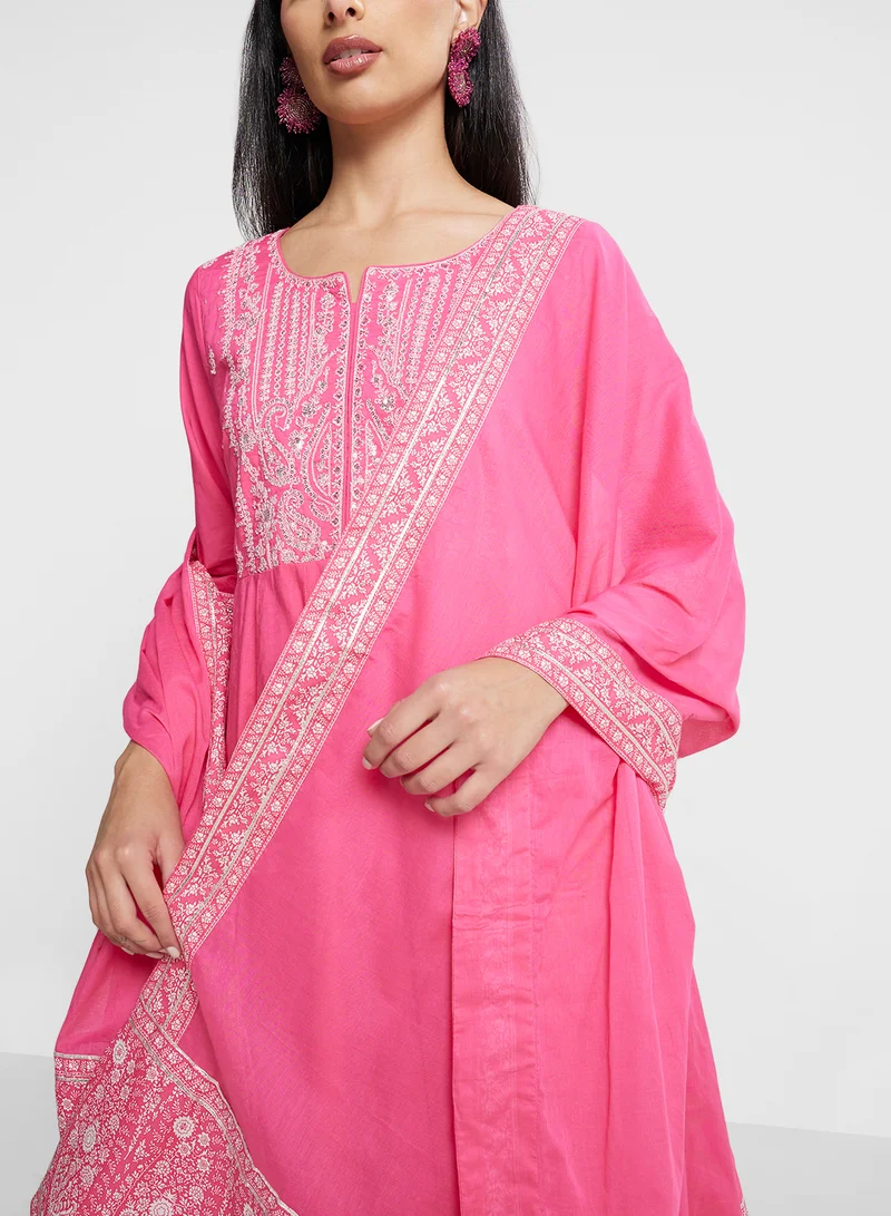 Biba Embroidered Kurta, Churidar & Dupatta Set
