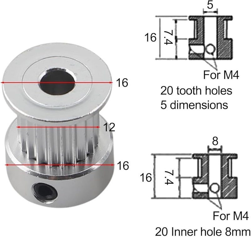 2GT 20 Teeth Aluminum Alloy Timing Pulley 5mm Bore 10mm Belt Width 5pcs - Image 3
