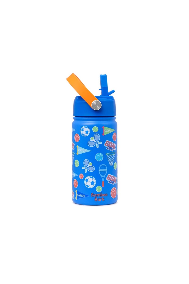 Bamboo Bark Insulated Water Bottle for Kids, 400ml Stainless Steel with Straw Lid, BPA Free Leak Proof School Water Bottle for Boys and Girls, Travel & Outdoor Use (Sports Print) - Image 1