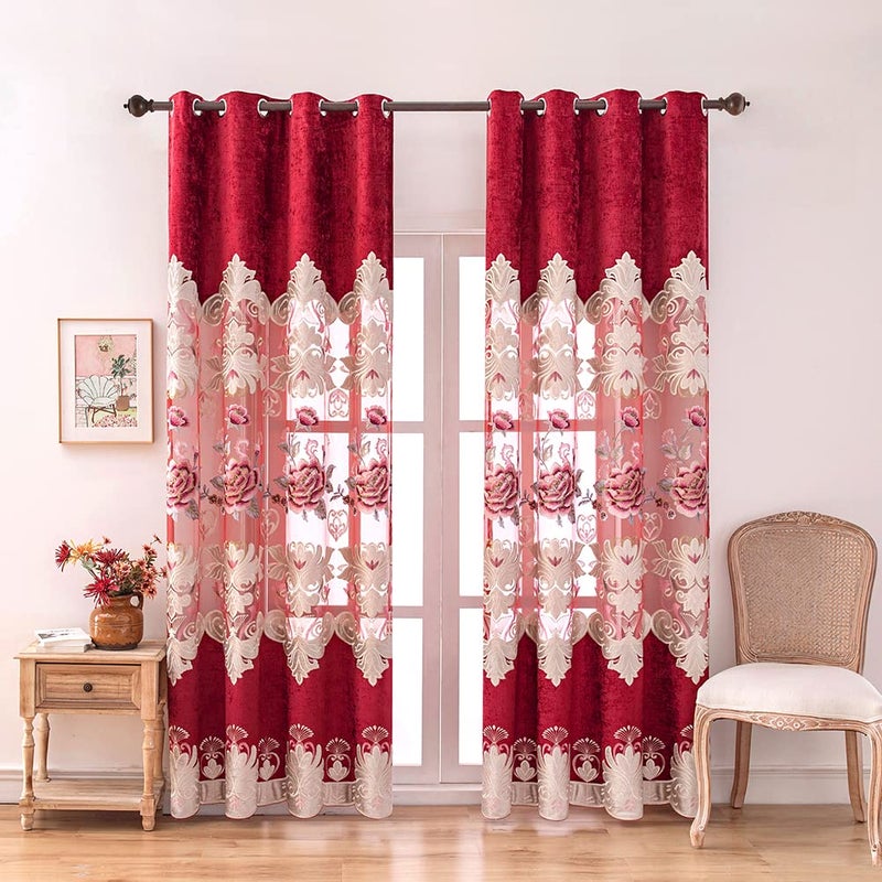 ELKCA Luxury Burgundy Red Chenille Floral Embroidered Curtains for Bedroom Peony Floral Curtains for BedroomGrommet Top52 W x 96 L2 Panels