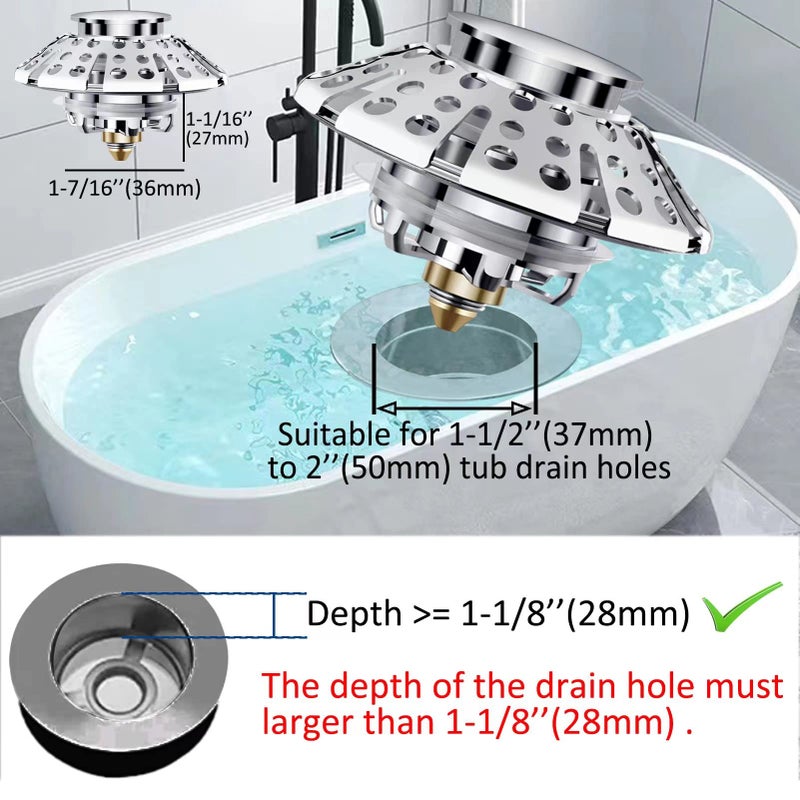 Azwzz Universal Tub Stopper Bathtub Drain Plug  Pop Up Tub Drain Hair Catcher  Drain Cover With Strainer  For 1-3/8 To 2In Bath Drain Hole - Image 4