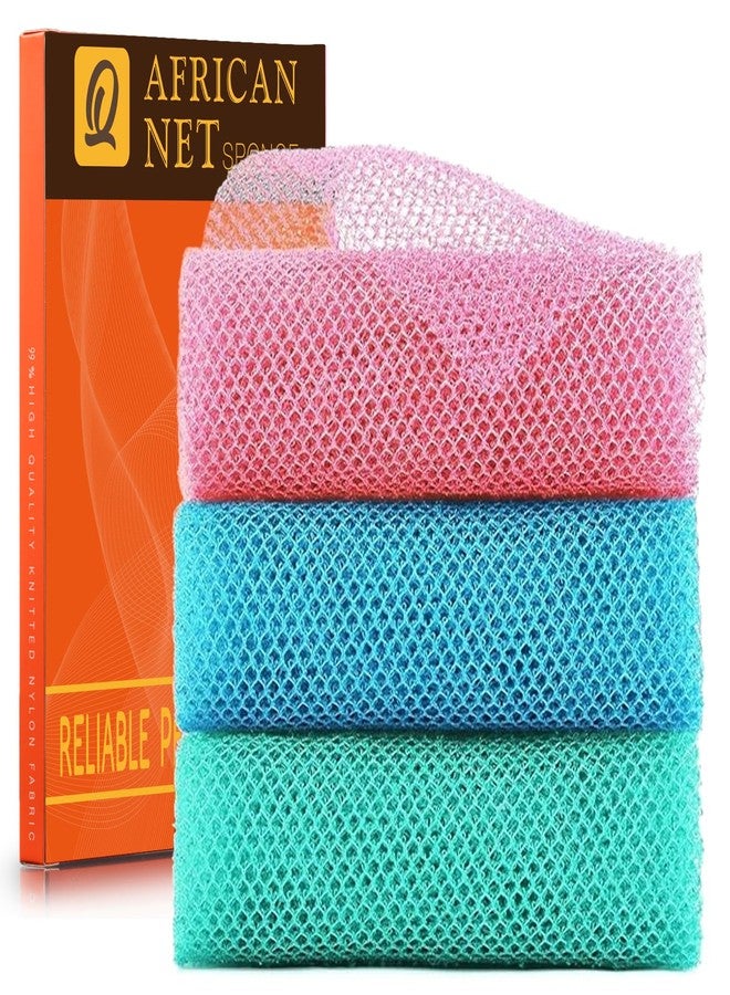 UJFQBH 3 Pieces African exfoliating net African Net Long Net Bath Sponge Exfoliating Shower Body Scrubber Back Scrubber Skin Smoother,Great for Daily Use (Pink, Blue, Green - Image 1
