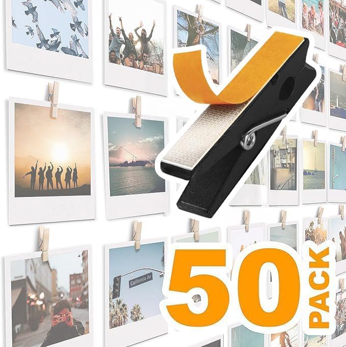 Toros 50 Pack Mini Self Adhesive Clips for Pictures - Black Wood Clip Photo Holders for Wall, Poster Hanger, Photo Cards Hanging Display Board & Picture Boards, Artwork Photos Holders Card Room Decor - Image 1