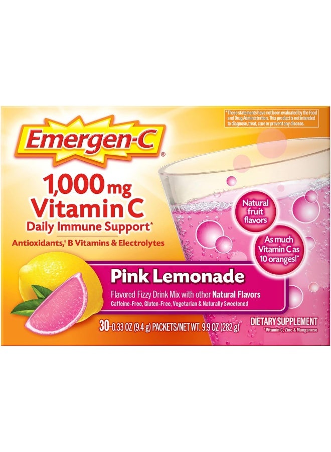 Emergen-C 1000mg Vitamin C Powder, with Antioxidants, B Vitamins and Electrolytes, Immunity Supplements for Immune Support, Caffeine Free Fizzy Drink Mix, Pink Lemonade Flavor - 30 Count - Image 1