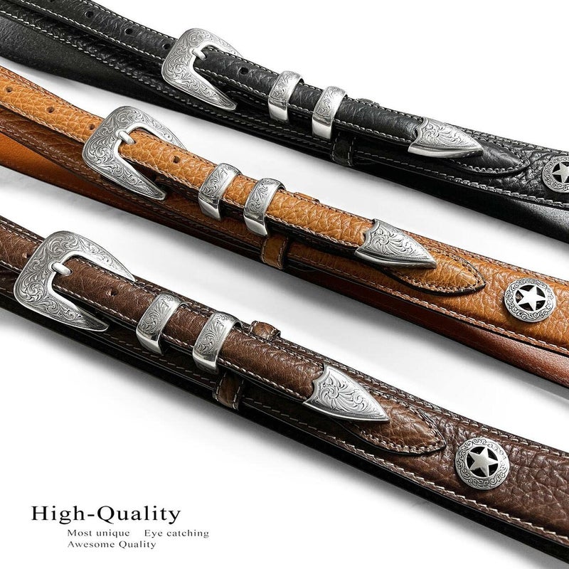 Belts.com Silver Engraved Ranger Star Concho Genuine Leather Western Ranger Belt (Brown,34) - Image 4