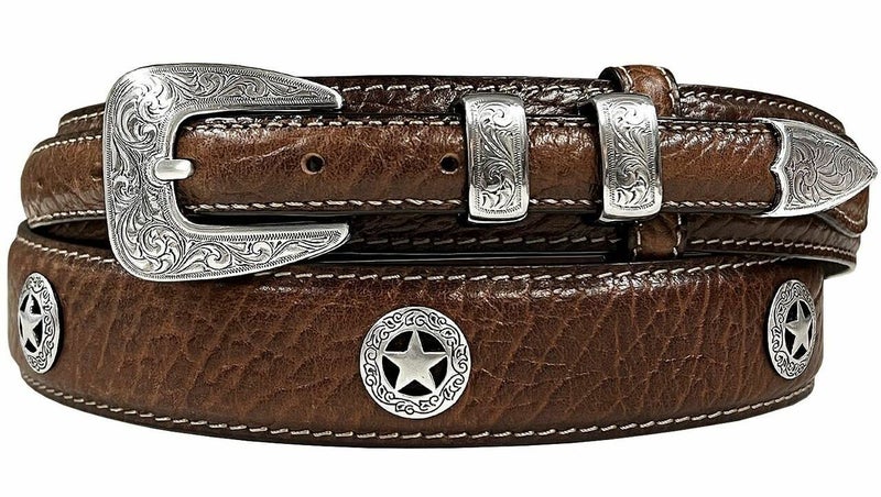 Belts.com Silver Engraved Ranger Star Concho Genuine Leather Western Ranger Belt (Brown,34) - Image 1