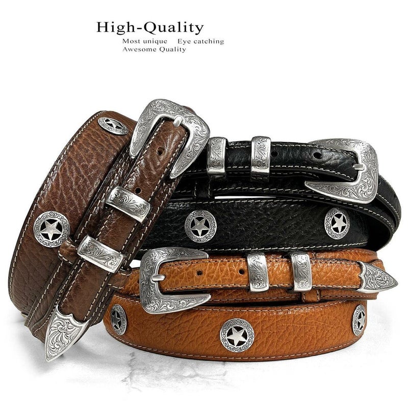 Belts.com Silver Engraved Ranger Star Concho Genuine Leather Western Ranger Belt (Brown,34) - Image 2