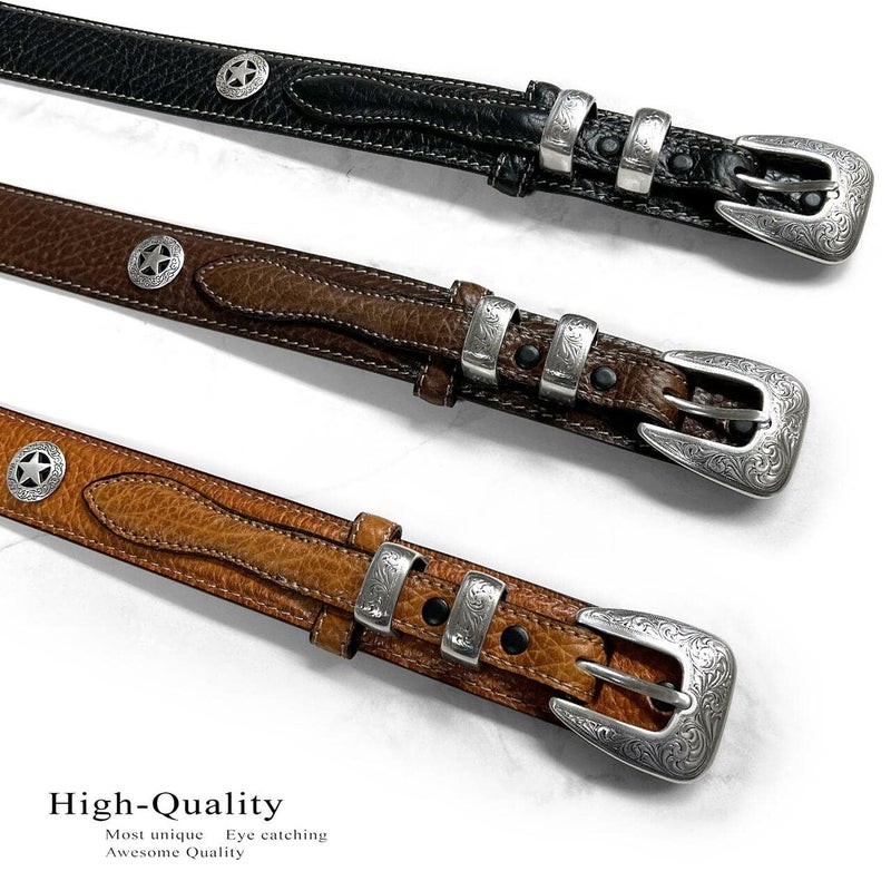Belts.com Silver Engraved Ranger Star Concho Genuine Leather Western Ranger Belt (Brown,34) - Image 3
