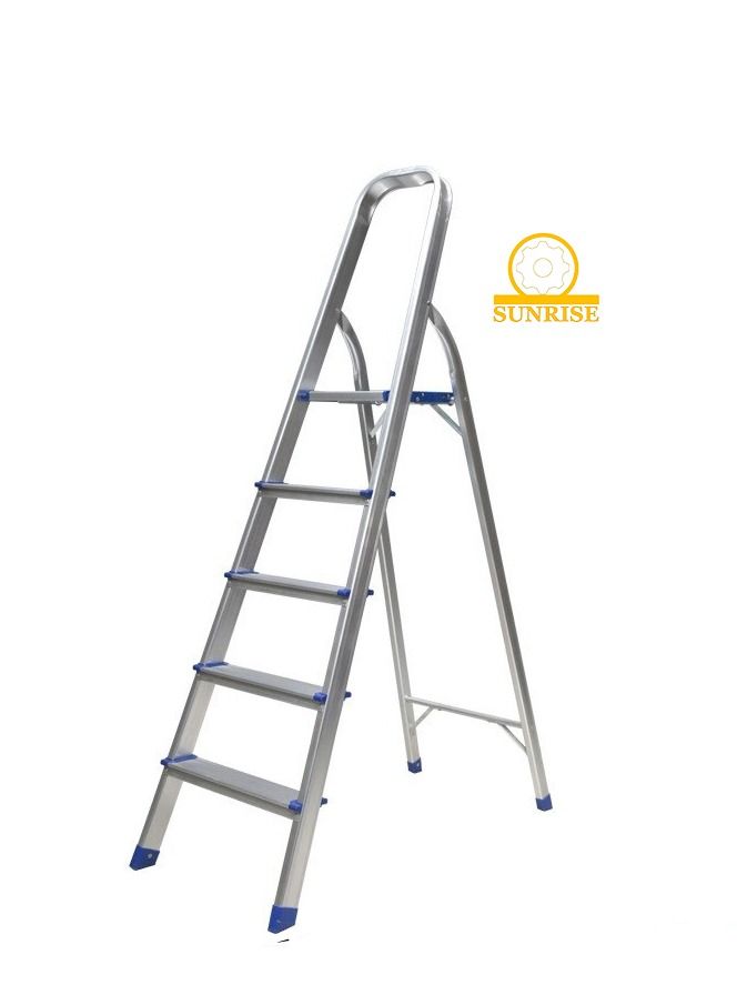 SUNRISE 5 Steps Ladder Aluminum Folding Step Stool With Anti Slip Sturdy And Wide Pedal Light weight Portable Multi Use Stepladder For Home And Kitchen Use Space Saving  - Image 1