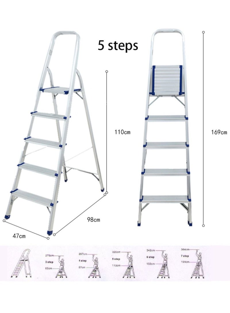 SUNRISE 5 Steps Ladder Aluminum Folding Step Stool With Anti Slip Sturdy And Wide Pedal Light weight Portable Multi Use Stepladder For Home And Kitchen Use Space Saving  - Image 5