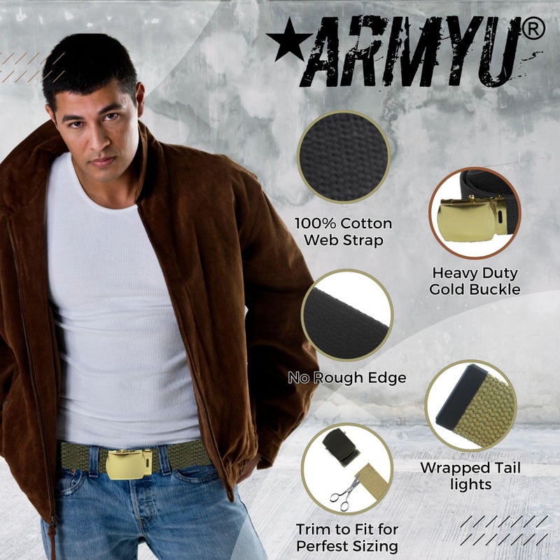 Army Universe حزام ويب عسكري من قماش القطن 100% بطول 54" (حزام كاكي - مشبك ذهبي) - Image 4