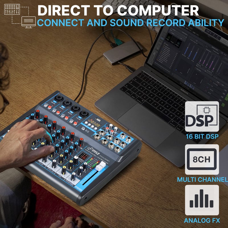 Pyle Professional Audio Mixer Sound Board Console Desk System- Interface 8 Channel Digital USB Bluetooth MP3 Computer Input 48V Phantom Power Stereo DJ Studio FX 16Bit DSP Processor, Black - PMXU83BT - Image 4