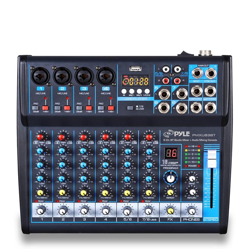 Pyle Professional Audio Mixer Sound Board Console Desk System- Interface 8 Channel Digital USB Bluetooth MP3 Computer Input 48V Phantom Power Stereo DJ Studio FX 16Bit DSP Processor, Black - PMXU83BT - Image 1