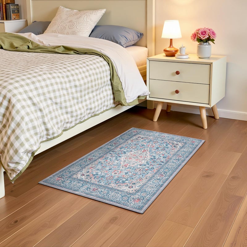 Flagover Blue Small Washable Area Rug, 2x3 Boho Vintage Entryway Rugs, Soft Non Slip Floral Door Mat, Aesthetic Low Pile Carpet for Front Door Entry Carpets Entrance Bedroom Kitchen - Image 2