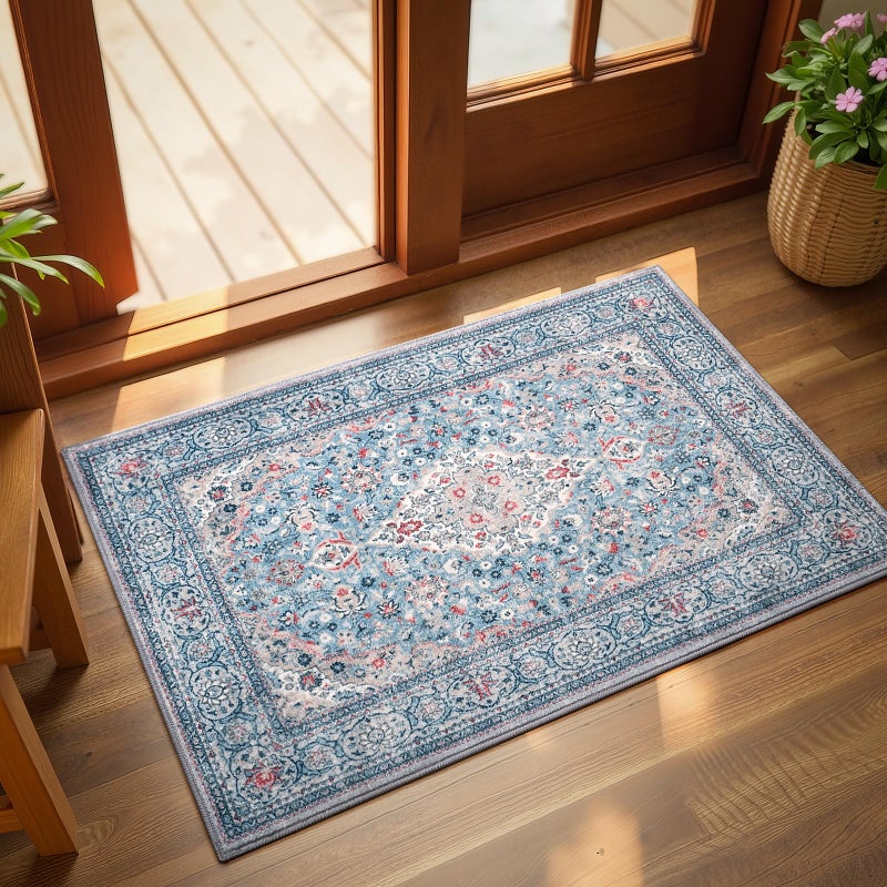 Flagover Blue Small Washable Area Rug, 2x3 Boho Vintage Entryway Rugs, Soft Non Slip Floral Door Mat, Aesthetic Low Pile Carpet for Front Door Entry Carpets Entrance Bedroom Kitchen - Image 1