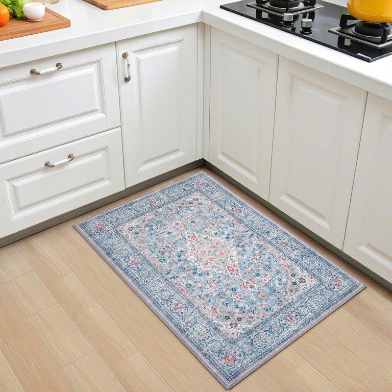Flagover Blue Small Washable Area Rug, 2x3 Boho Vintage Entryway Rugs, Soft Non Slip Floral Door Mat, Aesthetic Low Pile Carpet for Front Door Entry Carpets Entrance Bedroom Kitchen - Image 5