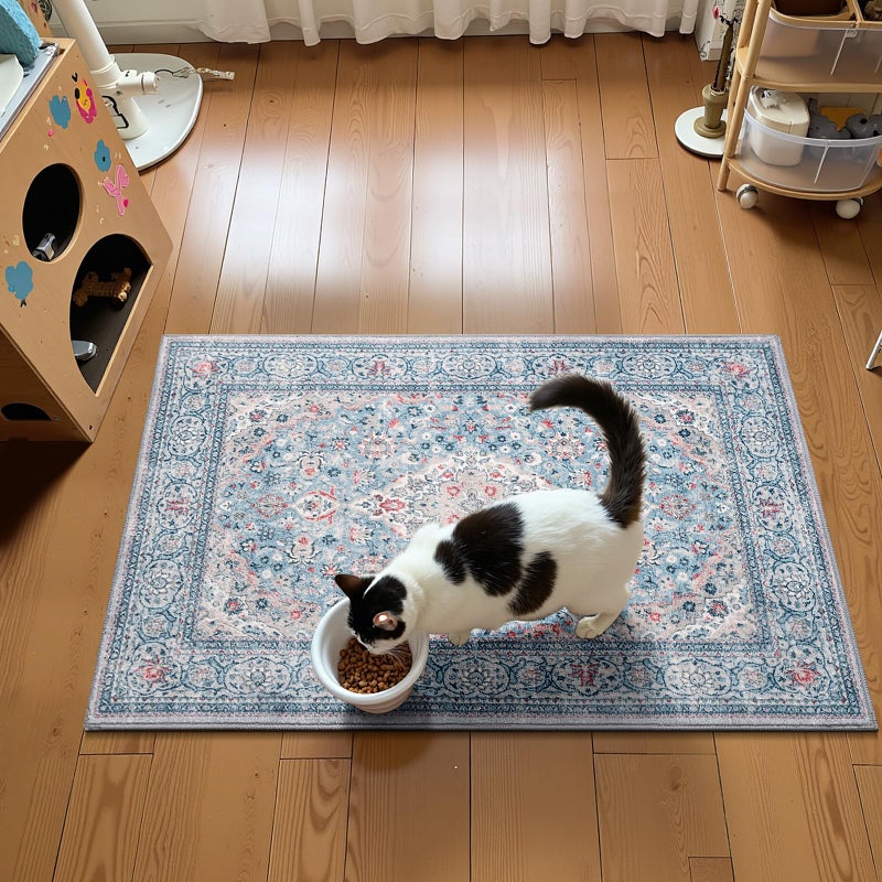 Flagover Blue Small Washable Area Rug, 2x3 Boho Vintage Entryway Rugs, Soft Non Slip Floral Door Mat, Aesthetic Low Pile Carpet for Front Door Entry Carpets Entrance Bedroom Kitchen - Image 3