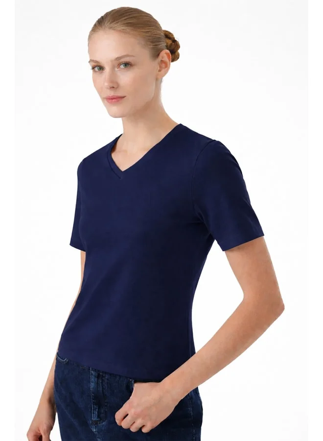 Mısırlı 1951 Navy Blue V-Neck Short Sleeve Women's T-Shirt.