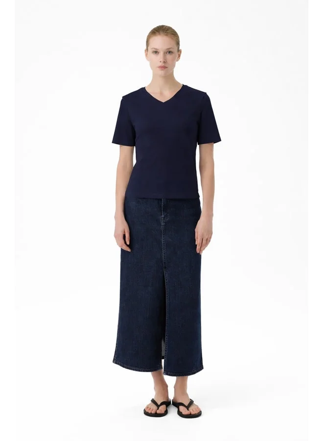 Mısırlı 1951 Navy Blue V-Neck Short Sleeve Women's T-Shirt.