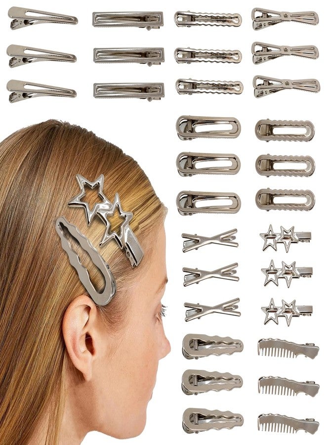 PQJSJDR Y2K Silver Hair Clips for Women,30pcs Silver Hair Clips Metal Star Barrettes 10 Shapes Pentagram Hair Snap Clips Cute Kawaii 2000s Hair Accessories for Women - Image 1