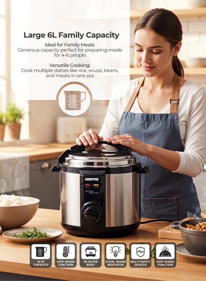 GEEPAS Electric Pressure Cooker | Non-Stick Coating Inner Pot | Keep Warm Function | Stainless Steel Cooker | Cool Touch Body | Timer Function 6 L GPC307 Silver/Black - Image 2