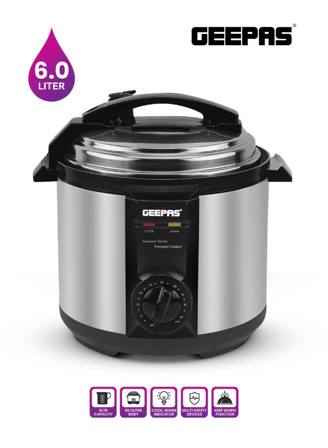 GEEPAS Electric Pressure Cooker | Non-Stick Coating Inner Pot | Keep Warm Function | Stainless Steel Cooker | Cool Touch Body | Timer Function 6 L GPC307 Silver/Black - Image 1