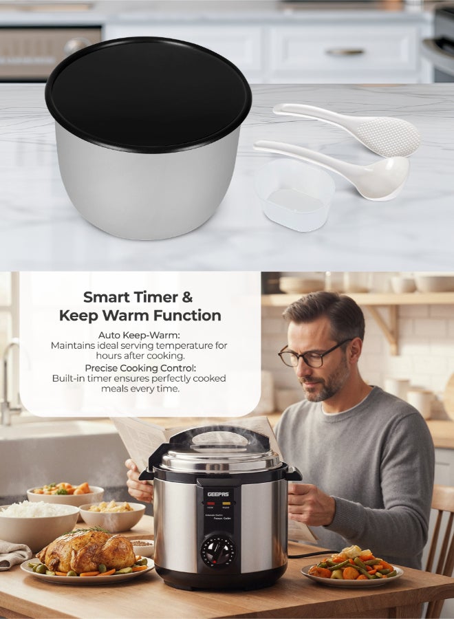 GEEPAS Electric Pressure Cooker | Non-Stick Coating Inner Pot | Keep Warm Function | Stainless Steel Cooker | Cool Touch Body | Timer Function 6 L GPC307 Silver/Black - Image 5